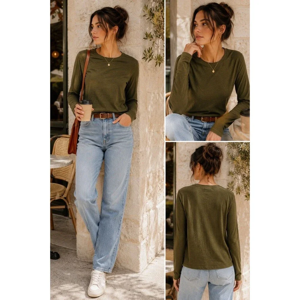 Sonoma Everyday Tee Women’s L Olive Green 100% Cotton Long Sleeve Knit Top